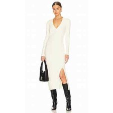 LBLC The Label Zoe Ivory Collared Long Sleeve Ribbed Knit Midi Dress Size L NWT