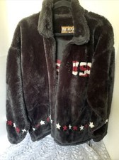 Bear Ridge Images In Fur Flag/ Stars Black Fleece Zip Coat Usa Made Women’s Sz M