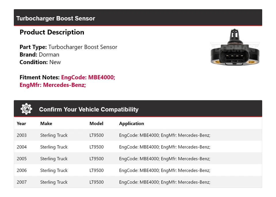 Sensor de refuerzo turbocompresor Dorman LT9500 2003-2007 Sterling Truck 2004 2005 Foto 2 de 4