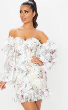 Pretty Little Thing WHITE EMBROIDERED LACE BARDOT FRILL BODYCON DRESS UK 10