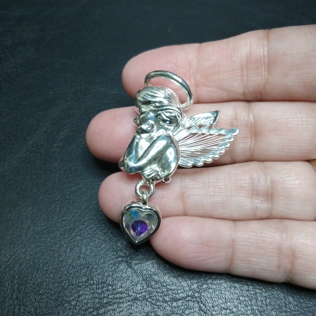 Vintage Signed AAi Angel AB Dangle Heart Crystal Pin Brooch