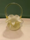 Fenton Glass Yellow Overlay 8.5" Basket Yellow Handle Signed With Original Tag