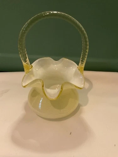 Fenton Glass Yellow Overlay 8.5" Basket Yellow Handle Signed With Original Tag