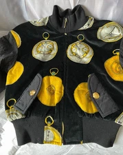 ESCADA VINTAGE LIGHT BOMBER JACKET VELVET IN BLACK ANTIQUE CLOCK PRINT 36 M