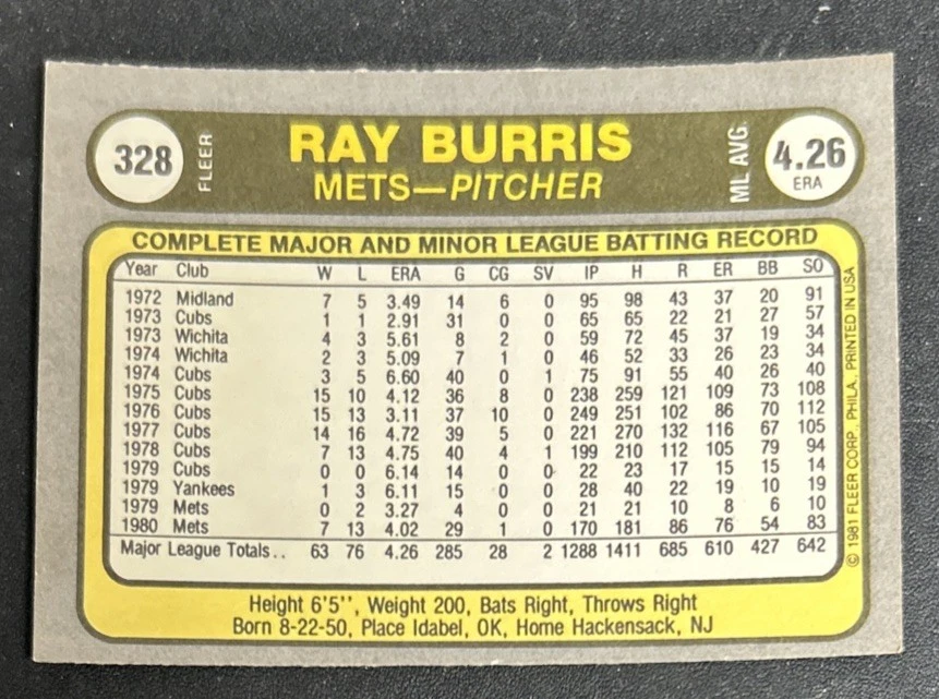 1981 Fleer Ray Burris Baseball Card #328 Mets Pitcher GD/VG O/C - Image 2 of 2