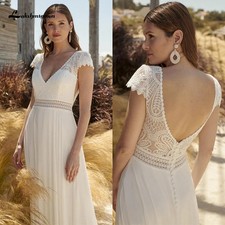 V Neck White Lace Cap Sleeve Chiffon Wedding Gown Formal Custom Hand Made