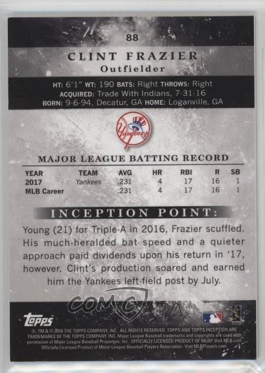 2018 Topps Inception Magenta /99 Clint Frazier #88 Rookie RC - Image 2 of 2