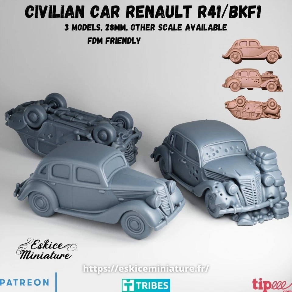 x3 Civilian Car Renault R41 - 28mm - Bolt Action / Chain of command / ww2