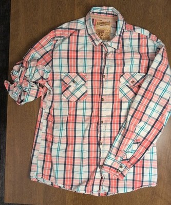 U.S. Expedition Authentic Mens Shirt L Long Roll Sleeve Pearl Snap Pink Plaid 
