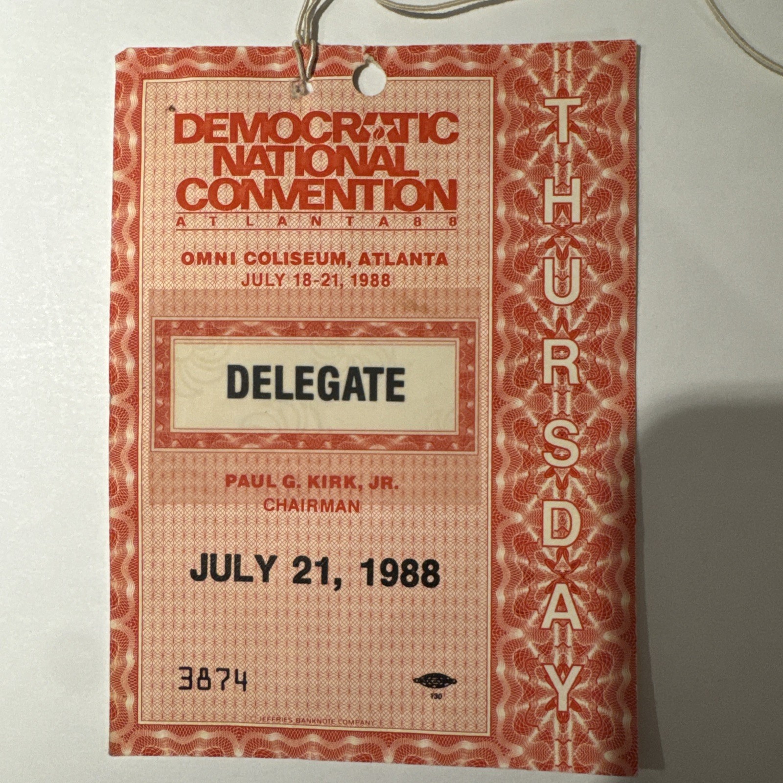 1988 Democratic National Convention Delegate Credential Badge –Atlanta–Original