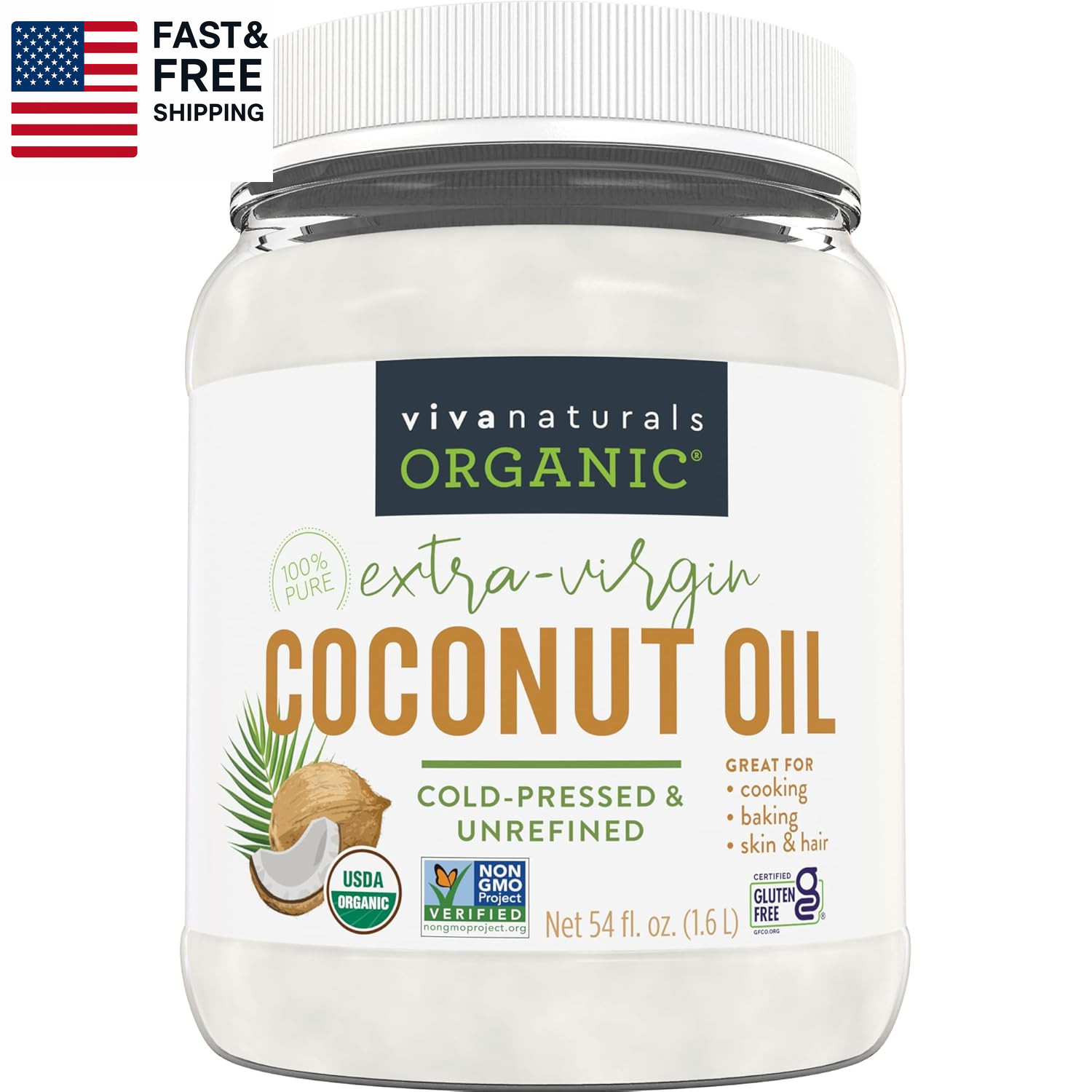 Organic Coconut Oil, 54 Fl Oz &ndash; Unrefined, Cold-Pressed Ex