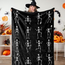 Halloween Throw Blanket Black White Dancing Skeleton Flannel 50x60 Inch