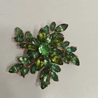 Vintage Green Rhinestone Leaf Flower Brooch Gold Tone Costume Jewelry Pin