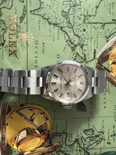 Mens Rolex Oyster Perpetual Date Stainless Steel Silver Dial 34mm Watch