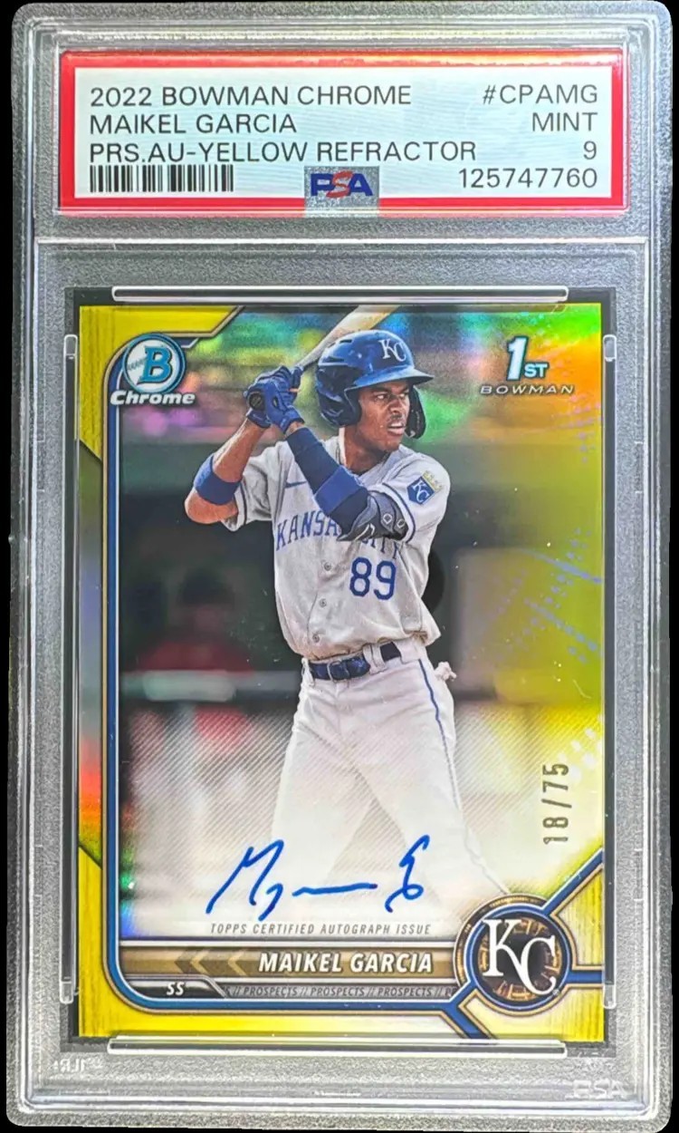 2022 Bowman Chrome Maikel Garcia Yellow Refractor Auto /75 1st Bowman Royals