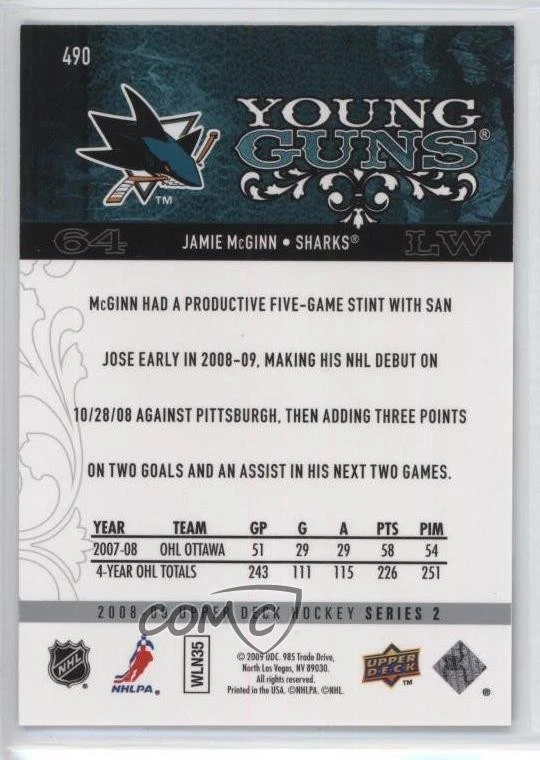2008-09 Upper Deck Young Guns UD Exclusives /100 Jamie McGinn #490 Rookie RC - Image 2 of 2