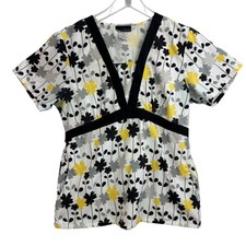 Cherokee Scrub Top Size M Tie Back Black Yellow and White Floral Has Pockets A13