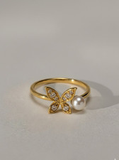 14K Solid Gold Butterfly Pearl Ring with Natural Diamonds  Freshwater Pearl