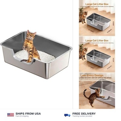 Stainless Steel Cat Litter Box, Steel Litter Pan with Curved Low Entry, Leak ...