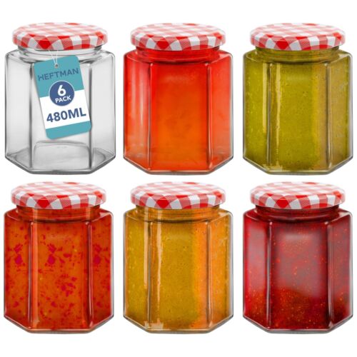 HEFTMAN barattoli per marmellata esagonale 480 ml vetro rosso gingham contenitore per conserve confezione da 6 - Foto 1 di 7