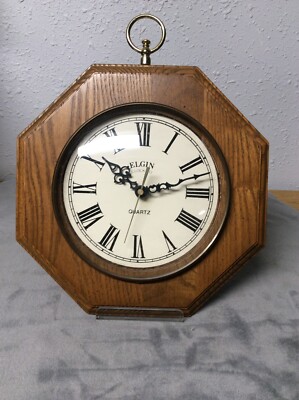 Vintage Elgin Quartz Wall Clock Octagon Wood Brass Mid-Centuty Modern  Original