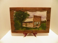 VTG W H Schisler Painting Wood Slab Carved Wood Frame Country Store Primitive