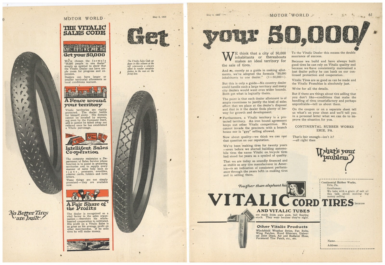 1923 Continental Rubber Works 2 Sep. Pg. Ad Vitalic Cord Tires Erie
