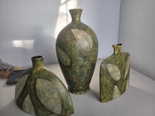 Unique Ceramic Hand Painted Real Leaves Green Black Speckled Vases 3 Piece Set