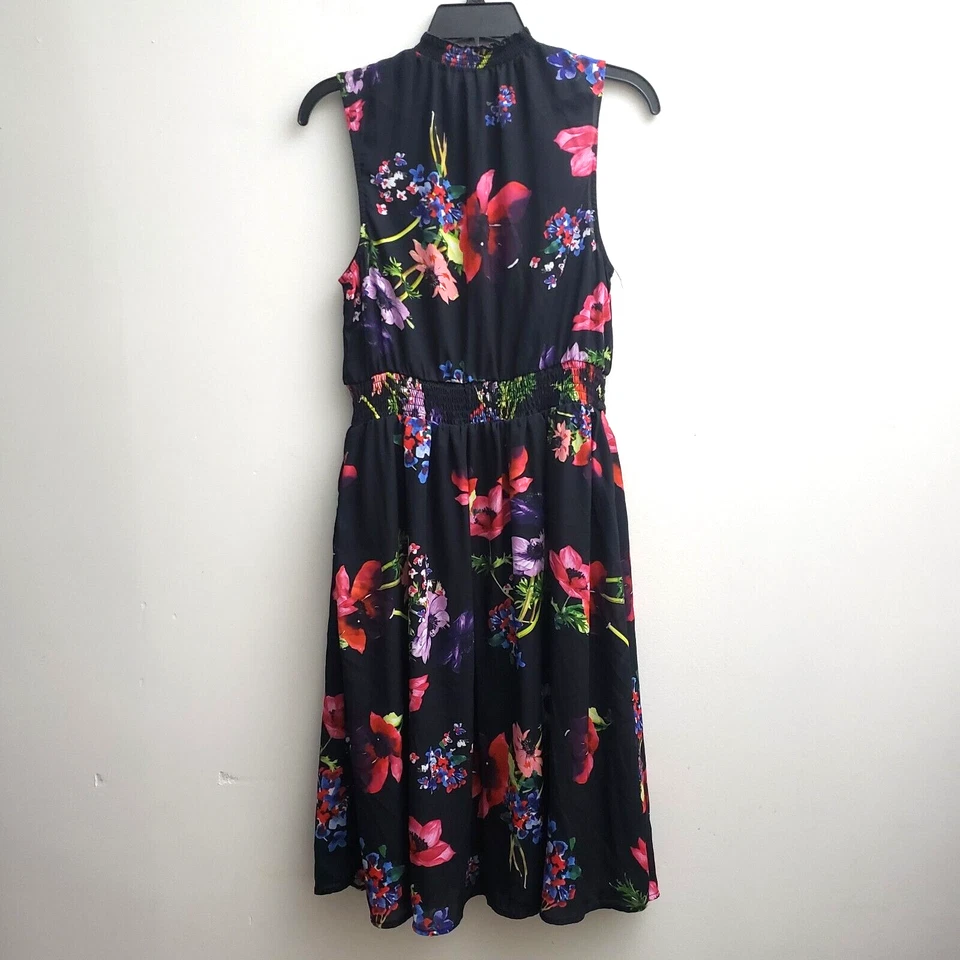 Modcloth Sleeveless High Neck Dress MED Shirred Waist Pink Purple Floral Chiffon - Image 4 of 4