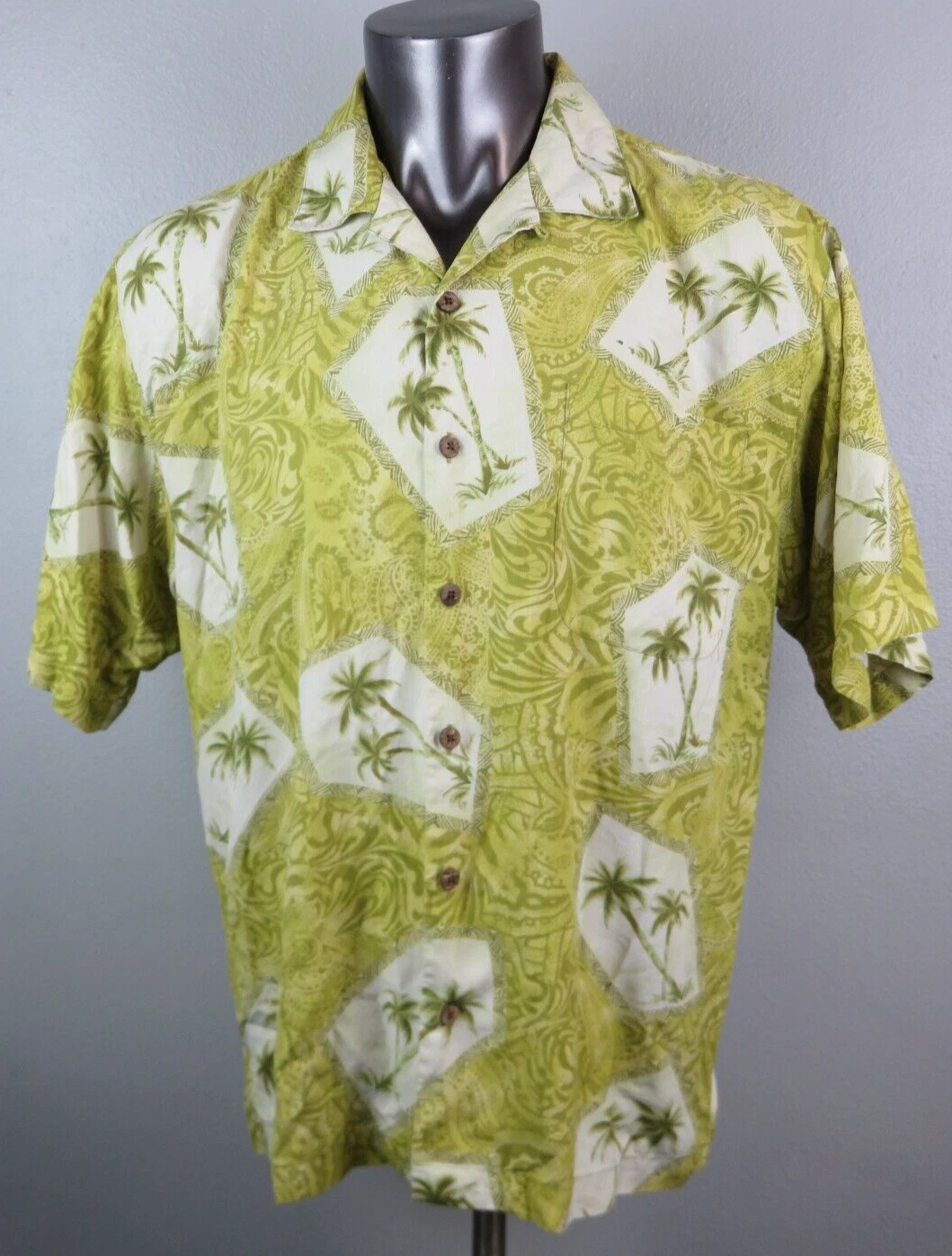 Mens Tommy Bahama Shirt Hawaiian Button Front Paisley Floral Green Size L Silk