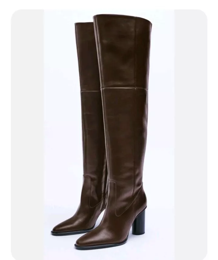 Zara Brown Chocolate Heeled Over The Knee Tall Boots Leather Size 8