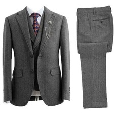 Men's Suit Gray Herringbone Tweed Luxury Vintage Check Prom Groom Wedding Tuxedo