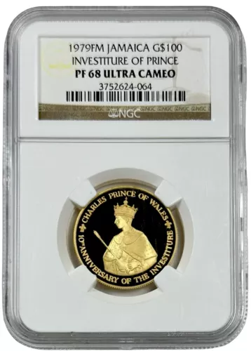1979 FM Jamaica $100 Gold 0.3281 NGC PF 68 UC Investiture of Prince Charles Coin