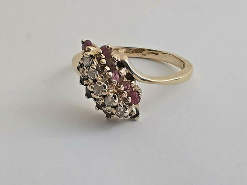 RUBY & DIAMOND CLUSTER GOLD RING 10ct yellow red & sparkly round cut gemstones - Picture 11 of 12