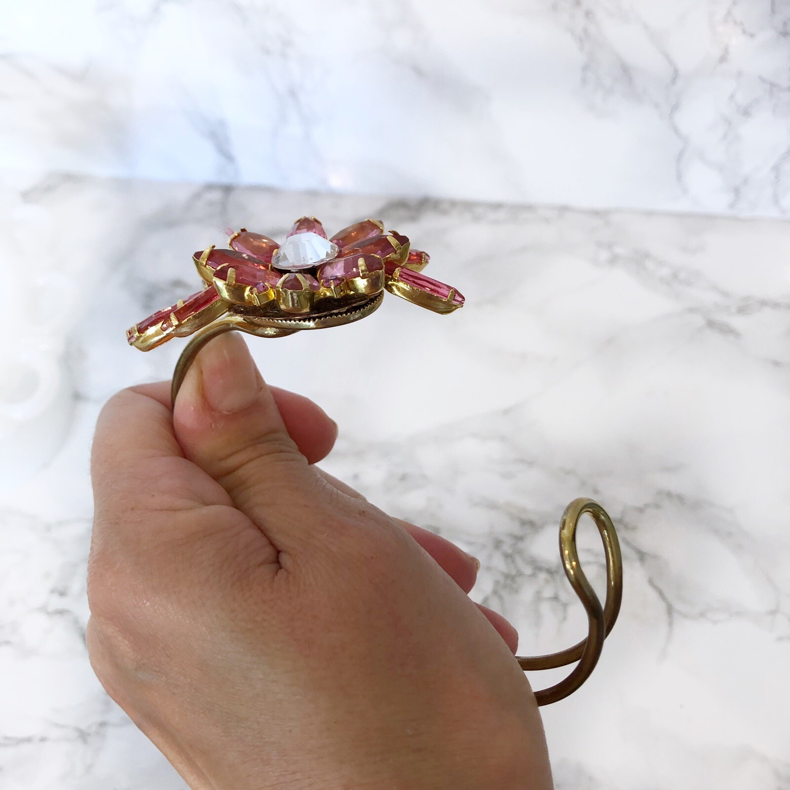 Floral Cuff Bracelet Spring Hinged Rhinestone Flo… - image 4