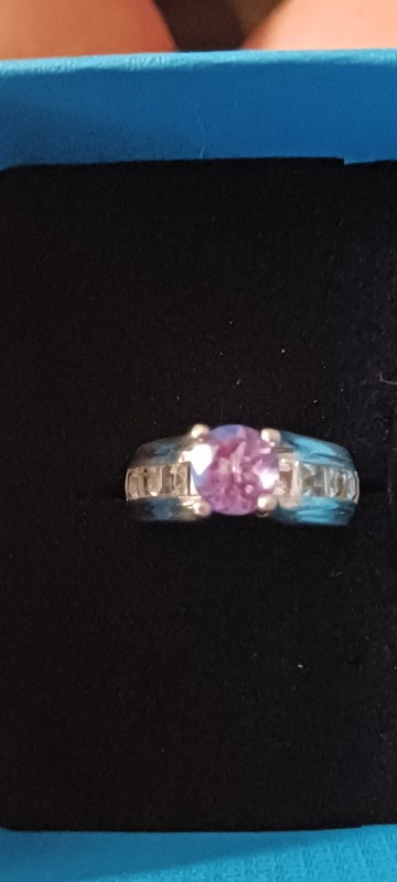 STERLING SILVER .925 ROUND AMETHYST STONE CLEAR CZ RING SIZE 6 STAMPED 925