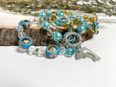 Beaded Boho Bracelet Stack BLUE Dolphin Beaded Stretch Bracelet Woman Gift
