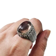 NATURAL SMOKY QUARTZ BIRTHSTONE 925 STERLING SILVER CHRISTMAS TURKISH MENS RING