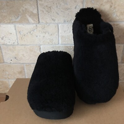 uUGG FUZZ SUGAR BLACK WOOL / FAUX FUR FLUFF SLIDE SLIPPERS  display picture 1