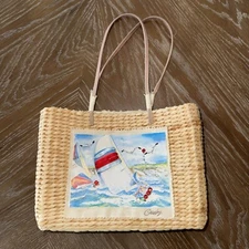 Sun N Sand Wicker Woven Handbag Pocketbook Sailboats Birds Coast