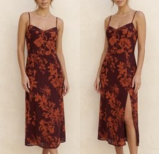 NWT Fall Floral Slip Midi Dress Burgundy Orange Romantic Wedding Cocktail Small 