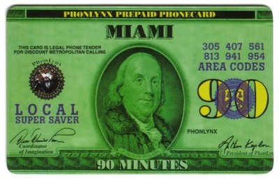 90m Miami Local Artistic Design of $100. USA Currency: Franklin Phone Card