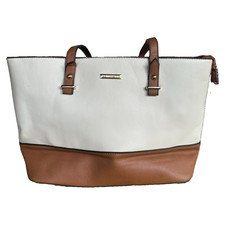 Beige Brown Colorblock Tote, Zip Top Double Handles, Gold Hardware