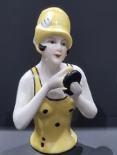 Superb  Art Deco Style "Flapper" Lady With Mirror Half  Pin Cushion Doll