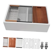 Stylish 33-inch White Double Bowl Farmhouse Sink - Ceramic Workstation Sink with