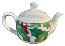 Dayspring Card Teapot Romans 15:13 Green Holly & Red Berries Gold Trim 20 oz