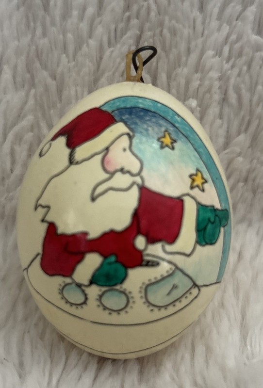 Vintage Real Blown Egg Ornament Hand Painted Santa Signed Folk Art