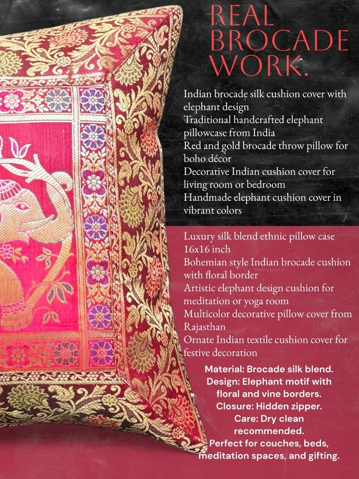 Indian Brocade Elephant Cushion Cover – Decorative Silk Throw Pillow Case, 16x16 - Image 2 of 4