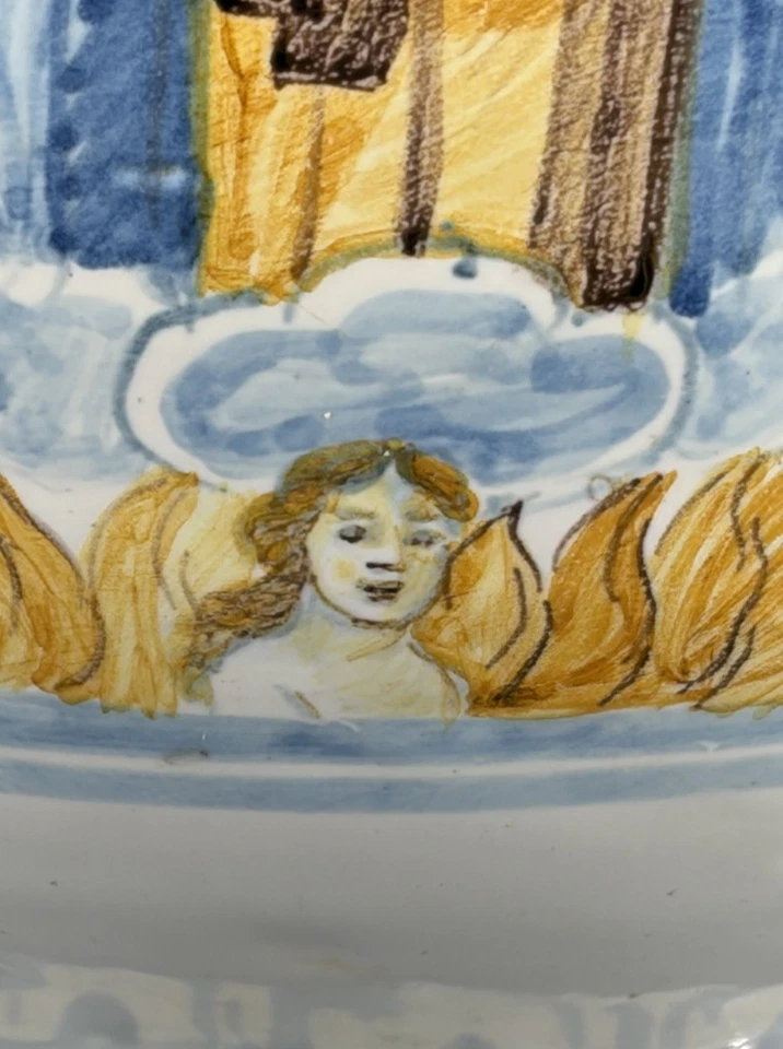 Vase faïence italienne XIXe émaillé décor Vierge à l’Enfant ancien 32cm - Photo 4/4