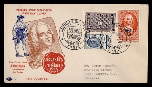 DR WHO 1953 FRENCH TUNISIA OVPT FDC STAMP DAY PAC CACHET COMBO SEMI POST M70606